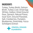 List of ingredients for a pet food product on a white background with a blue plus sign and text about vitamins, minerals, and probiotics.