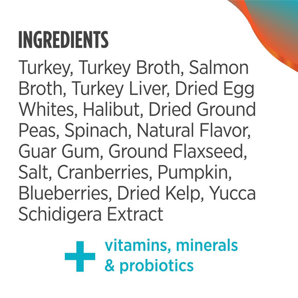 List of ingredients for a pet food product on a white background with a blue plus sign and text about vitamins, minerals, and probiotics.