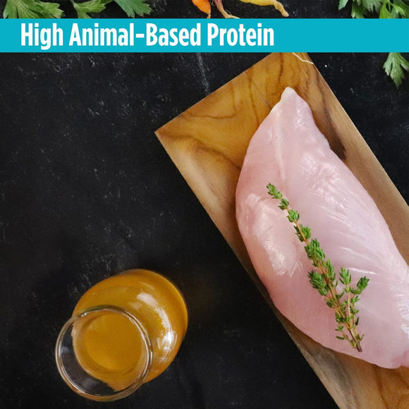 Raw chicken breast on a wooden board with a glass of oil and herbs, labeled 'High Animal-Based Protein'.