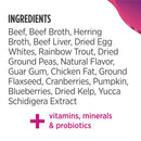 List of ingredients with a pink plus symbol and text 'vitamins, minerals & probiotics' on a white background.