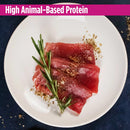 Raw red meat on a white plate with rosemary, text 'High Animal-Based Protein' at the top.