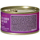 Canned cat food can with purple label on a white background