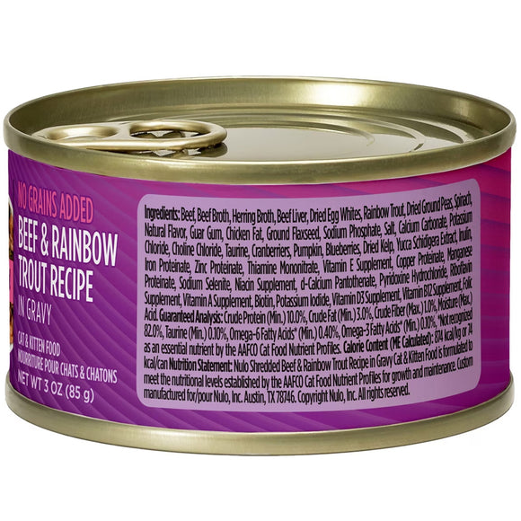 Canned cat food can with purple label on a white background