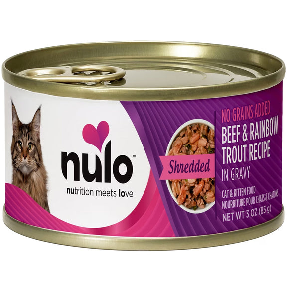 Can of Nulo cat food with a purple label featuring a cat's face.