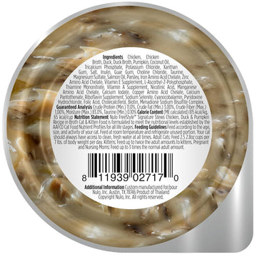 Cat food container label with ingredients and nutrition information on a white background