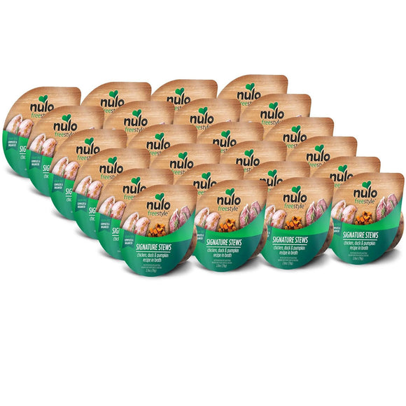Multiple containers of Nulo Signature Stews pet food on a white background