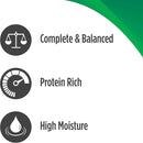 Text and icons indicating 'Complete & Balanced', 'Protein Rich', and 'High Moisture' on a white background with a green accent.