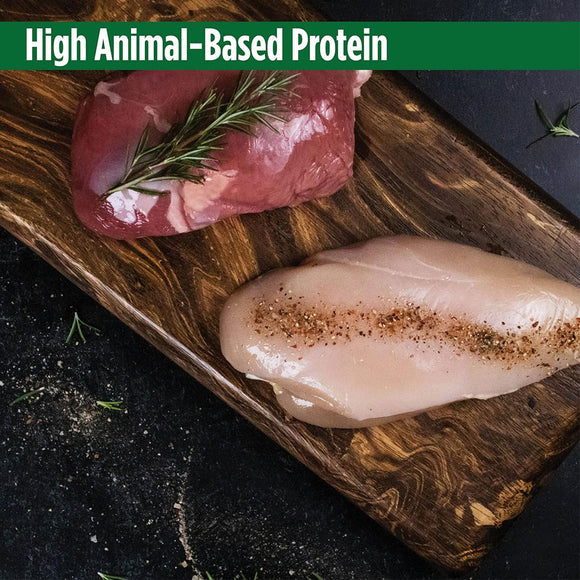 Raw chicken breast and meat on a wooden cutting board with rosemary, labeled 'High Animal-Based Protein'.