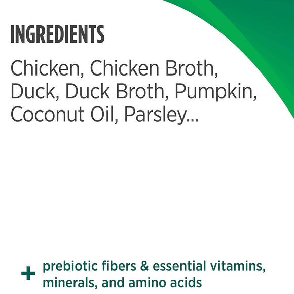 List of ingredients including chicken, chicken broth, duck, duck broth, pumpkin, coconut oil, parsley, prebiotic fibers, essential vitamins, minerals, and amino acids on a white background with green accents.