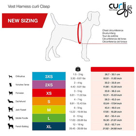 Dog harness size chart with measurements and Curlii branding