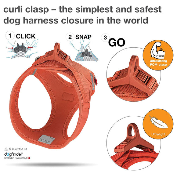 Orange dog harness with features and benefits highlighted on a white background