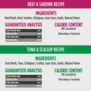 Ingredients and guaranteed analysis for beef and sardine, as well as tuna and scallop pet food recipes.