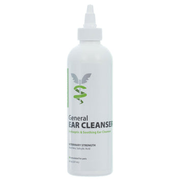 white bottle with label Vet Basics General Ear Cleanser for dogs & cats, 8 oz