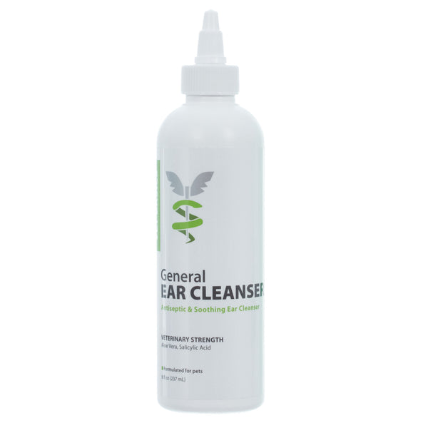white bottle with label Vet Basics General Ear Cleanser for dogs & cats, 8 oz