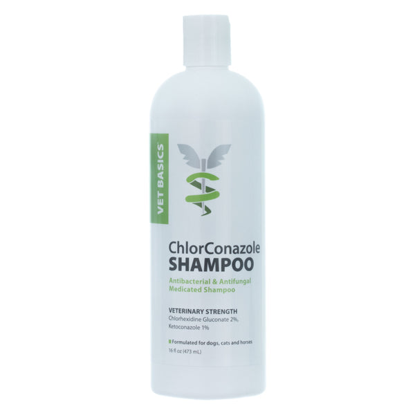 White Shampoo bottle with label Vet Basics ChlorConazole Shampoo for Dog & Cat, 16 oz 
