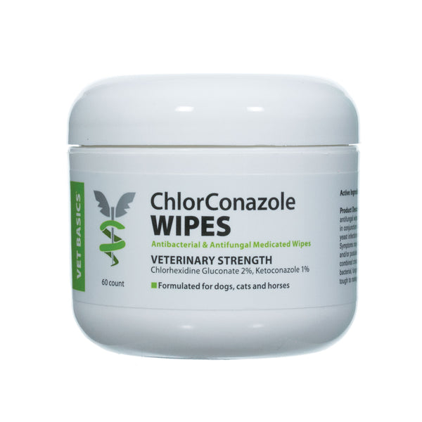 White wipes container with label  Vet Basics Chlorconazole Wipes for Dog and Cat, 60 c 