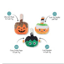Three Halloween-themed plush toys with features highlighted on a white background