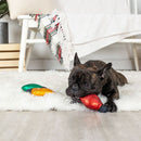 Dog playing with a colorful toy on a white rug