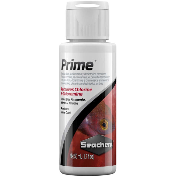 Seachem Prime aquarium water treatment bottle on a white background