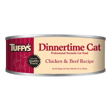 Tuffy's Dinnertime Cat food can with chicken and beef recipe on a white background
