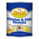 Tuffy's Gold Chicken & Fish Formula dog food can on a white background
