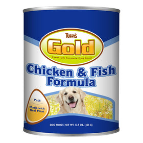 Tuffy's Gold Chicken & Fish Formula dog food can on a white background
