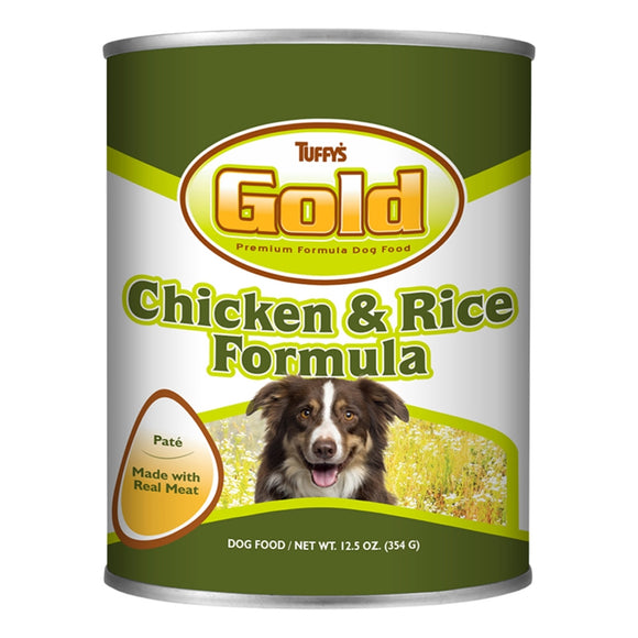 Tuffy's Gold Chicken & Rice Formula dog food can with a dog on the label
