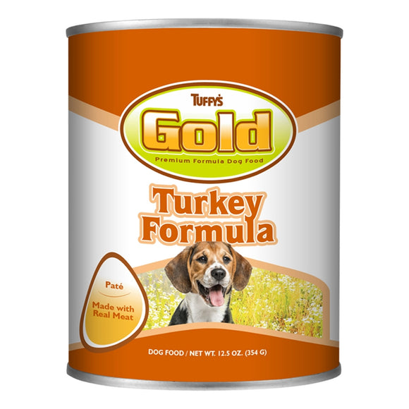 Tuffy's Gold Turkey Formula dog food can on a white background
