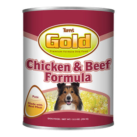 Tuffy's Gold Chicken & Beef Formula dog food can on a white background
