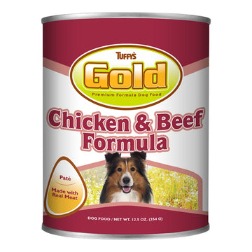 Tuffy's Gold Chicken & Beef Formula dog food can on a white background
