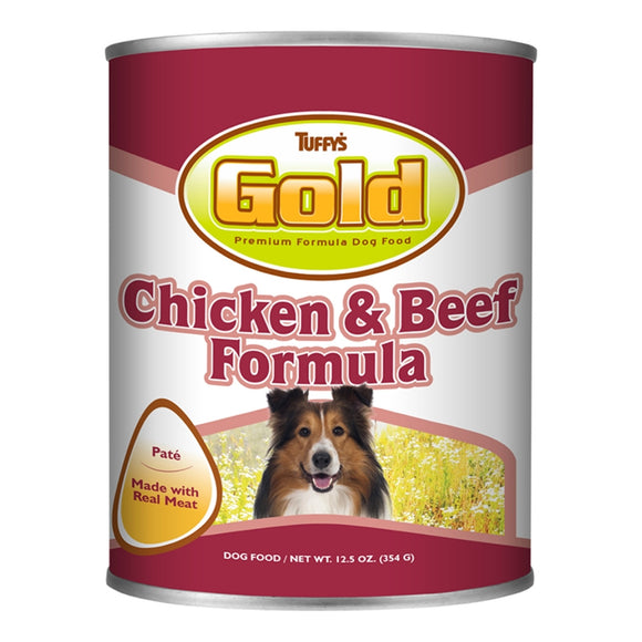 Tuffy's Gold Chicken & Beef Formula dog food can on a white background
