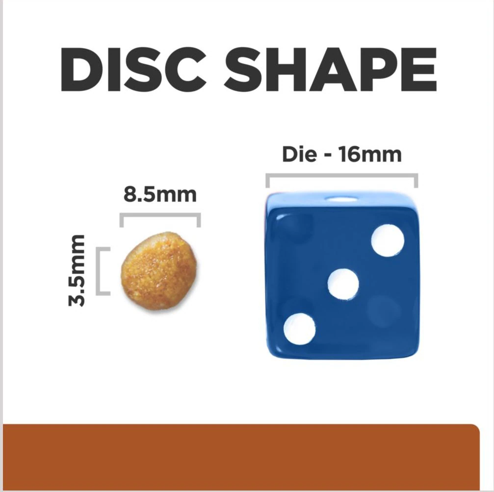 Hills k/d cat food is disc shaped and smaller than your average dice