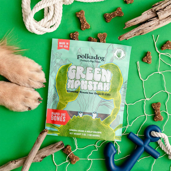 Polkadog Green Monstah Crunchy Treats Bone Shaped for Dogs & Cats, 7-oz