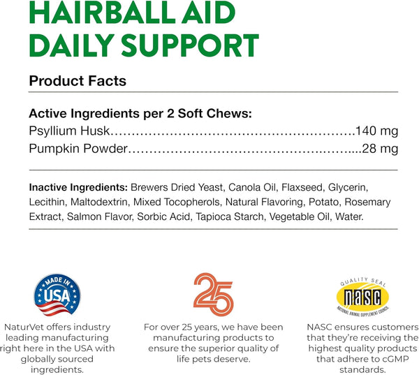 NaturVet Hairball Aid Daily Support Soft Chews with Pumpkin for Cats