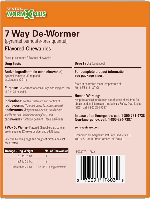 Sentry HC 7 Way De-Wormer for Tapeworms, Roundworms, & Hookworms Small Dogs & Puppies