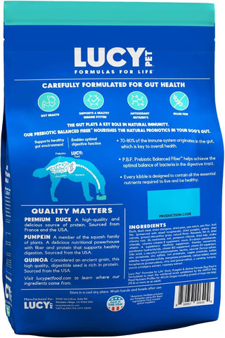 Lucy Pet Products Formulas for Life Grain-Free Duck, Pumpkin & Quinoa Formula Dry Dog Food 4lb backside