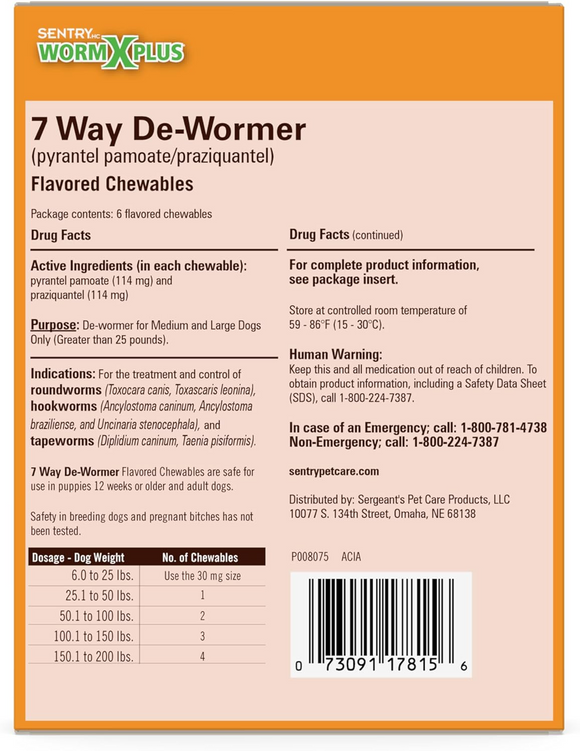 Sentry HC 7 Worm X Plus Way De-Wormer for Tapeworms, Roundworms, & Hookworms Medium & Large Dogs
