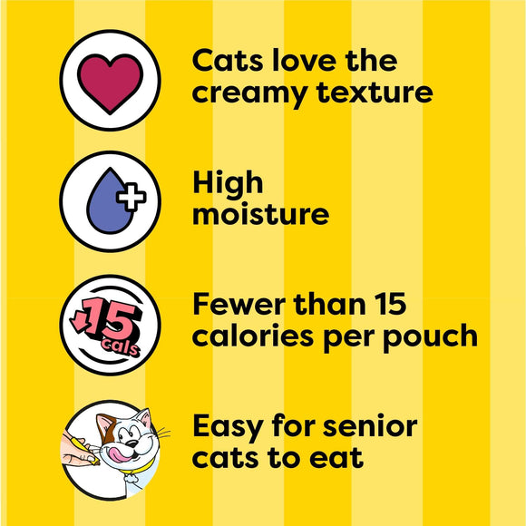 Product packaging with text highlighting features of a cat food product on a yellow background.