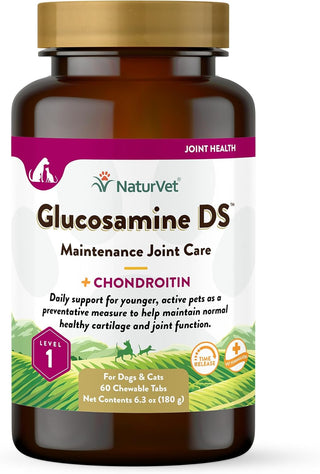 NaturVet Glucosamine DS Level 1 with Chondroitin Maintenance Joint Care Chewable Tablets for Dogs & Cats 60 count