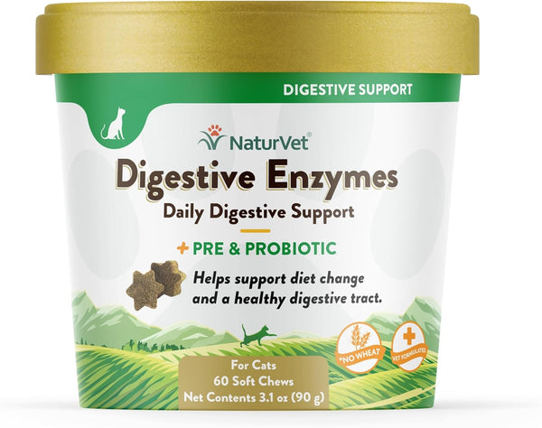 NaturVet Digestive Enzymes Soft Chews Daily Digestive Support with Pre & Probiotic for Cats, 60 count