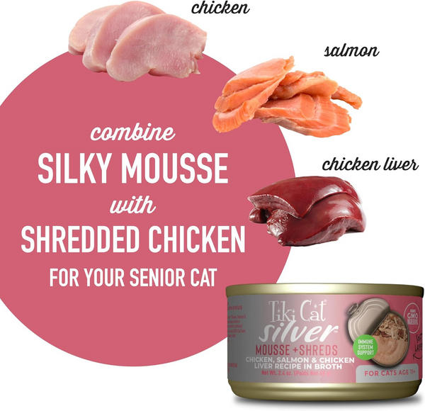 Tiki Cat Silver for Seniors Chicken & Salmon & Chicken Liver Mousse & Shreds (2.4 oz x 12 cans)