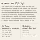 Product label with ingredients, guaranteed analysis, and caloric content details.
