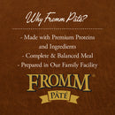 Advertisement for Fromm Páté on a brown background with text about the product.