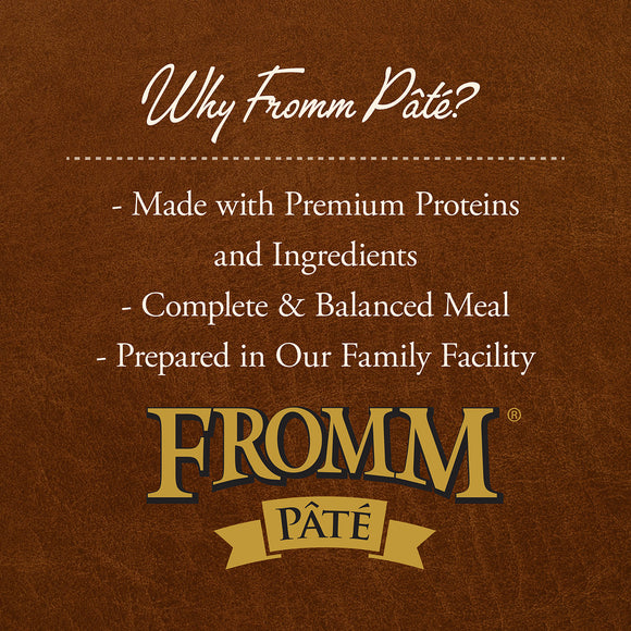 Advertisement for Fromm Páté on a brown background with text about the product.