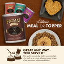 Fromm pet food cans and pate on a brown background with text about meal or topper.