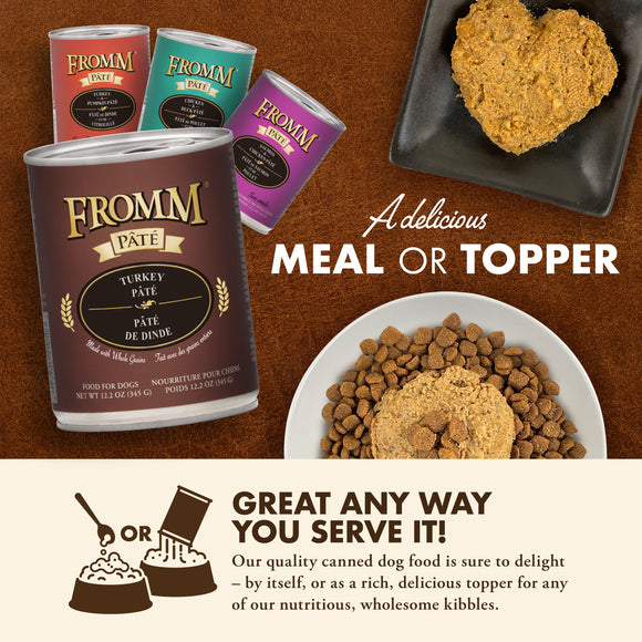 Fromm pet food cans and pate on a brown background with text about meal or topper.