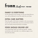Fromm Family Pet Food advertisement with brand name and mission statement on a beige background