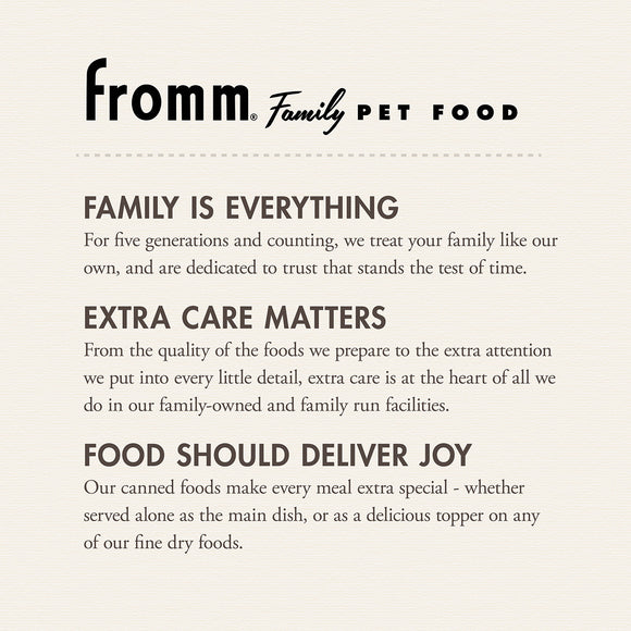 Fromm Family Pet Food advertisement with brand name and mission statement on a beige background