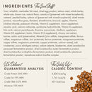 Dog food ingredient list and nutritional information on a white background