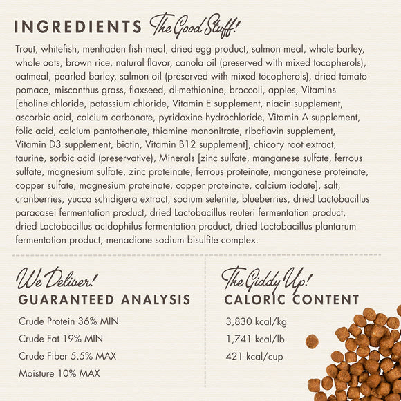 Dog food ingredient list and nutritional information on a white background